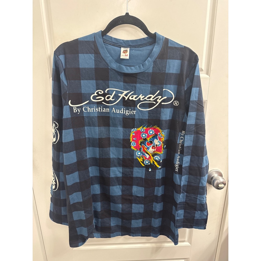 Ed Hardy Christian Audigier Plaid Long Sleeve Shirt Love Kills Slowly Blue Men M